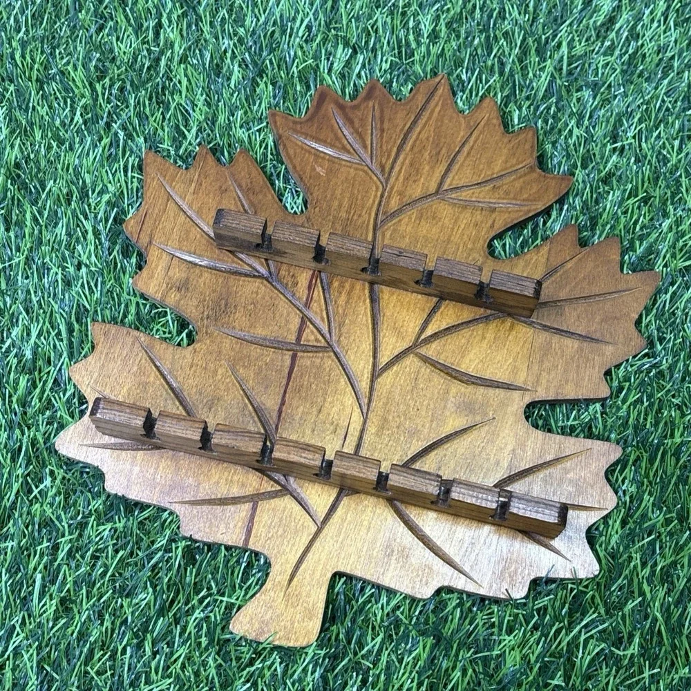 Vintage Wooden Leaf Wall Spoon Rack Mid Century Hand-Carved Display Holder Decor